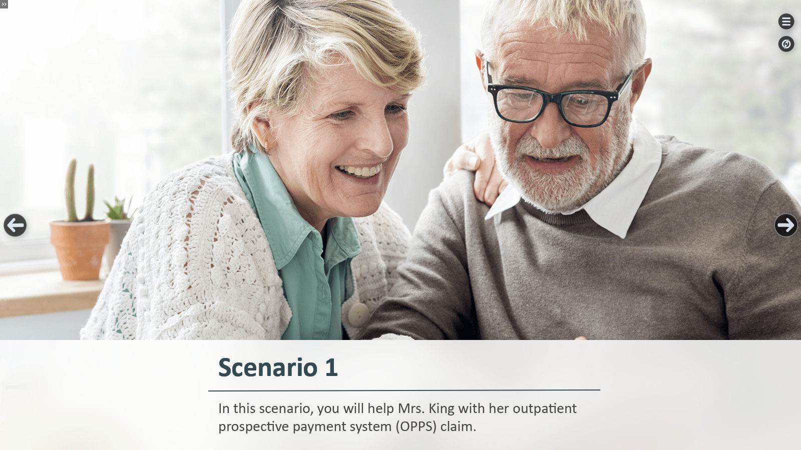 a slide introducing a scenario wiht an elderly couple