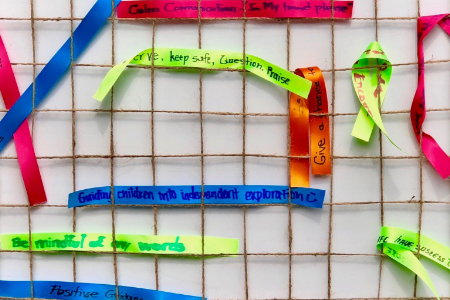 ribbons on a lattice board on which participants share things they've learned