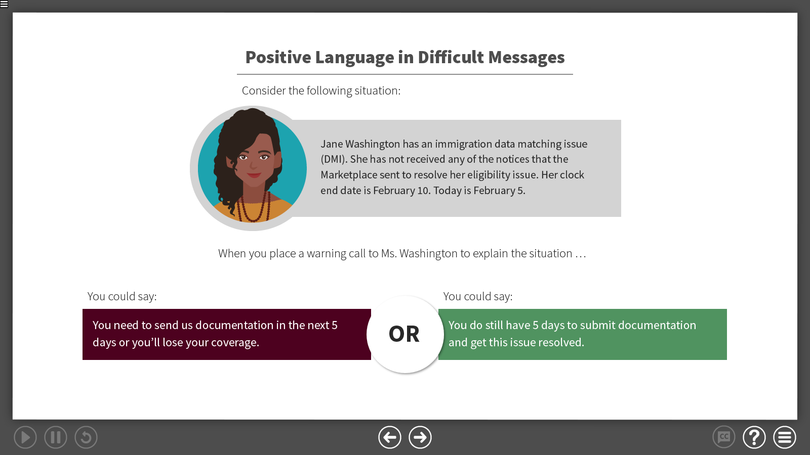 a slide showing how to rephrase a negative statement to sound more positive