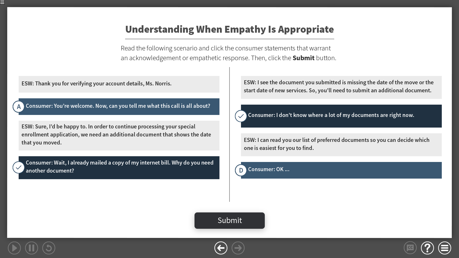 a multi-select activitiy to choose consumer language that requires an empathetic response